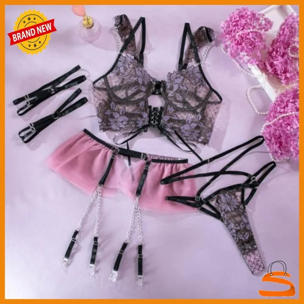 Floral Embroidered Lace Lingerie Set with Underwire Bra Panty Garter Belt Medium
